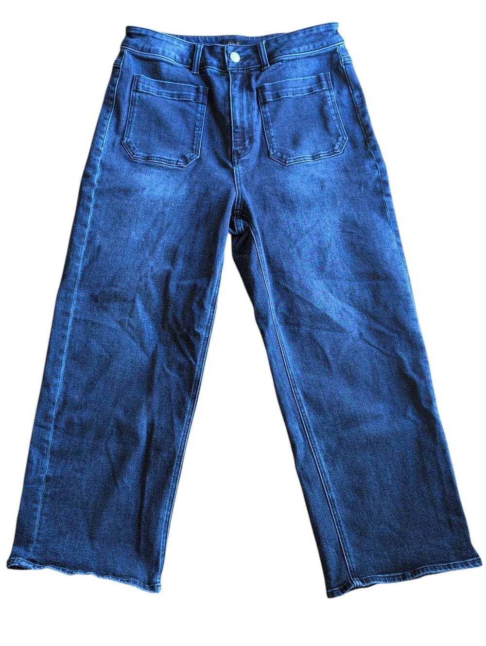 Quince Jeans Stretch High Rise Patch Pocket Wide Leg Size 31, Dark Blue Wash